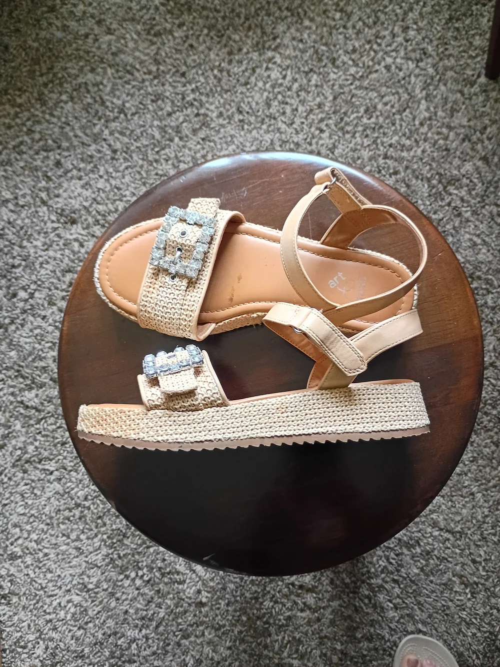 Beige Woven Platform Sandals with Rhinestone Buckle